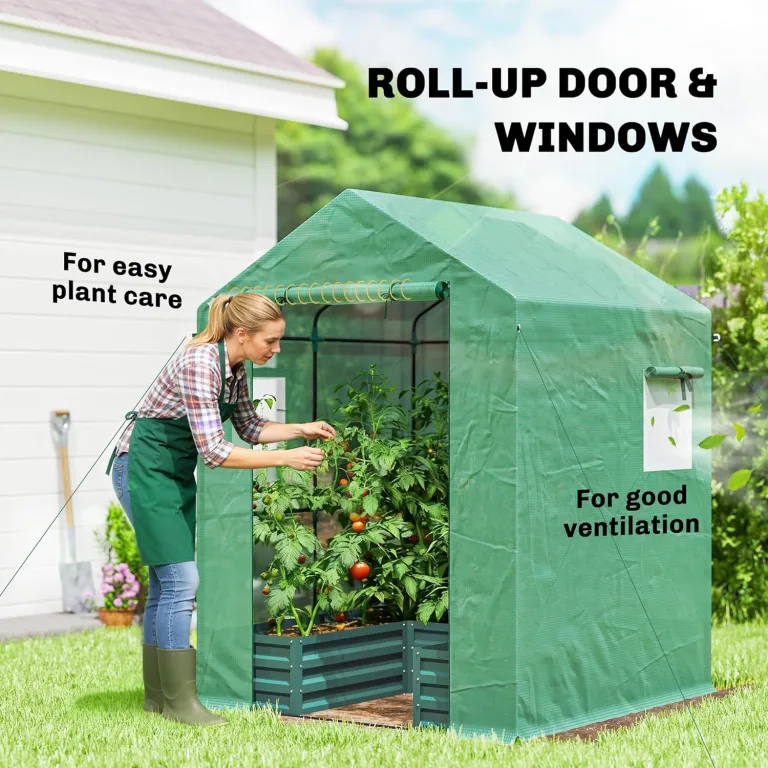 Outsunny Mini-Gewächshaus mit erhöhtem Gartenbeet, 142 cm x 142 cm x 190 cm, verzinktes begehbares Gewächshaus mit Rolltor und Fenstern, Gewächshaus für Blumen und Gemüse im Freien, grün – Bild 6