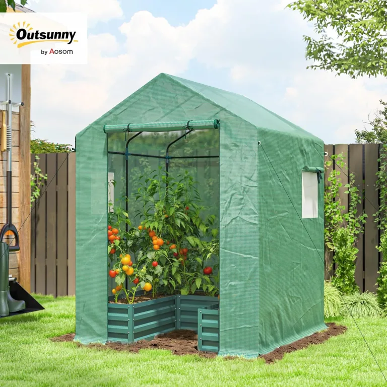 Outsunny Mini-Gewächshaus mit erhöhtem Gartenbeet, 142 cm x 142 cm x 190 cm, verzinktes begehbares Gewächshaus mit Rolltor und Fenstern, Gewächshaus für Blumen und Gemüse im Freien, grün – Bild 2