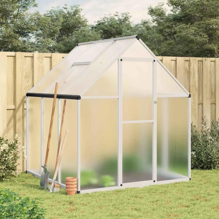 HUAKEHOM Gewächshaus mit Fundamentrahmen Pflanzenhaus mit Dachrinnensystem Flügeltür Treibhaus für Pflanzen Frühbeet Silbern 169x169x195 cm Alu – Bild 1