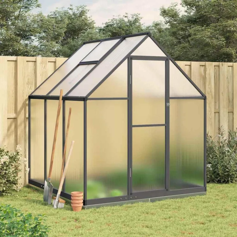 HUAKEHOM Gewächshaus mit Fundamentrahmen Pflanzenhaus mit Dachrinnensystem Flügeltür Treibhaus für Pflanzen Frühbeet Anthrazit 169x169x202 cm Alu – Bild 1