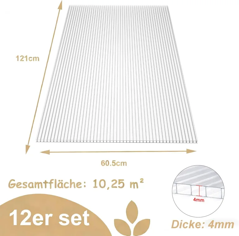 12 Stück Polycarbonat Hohlkammerstegplatten UV beständigem Doppelstegplatte Gewächshausplatten 605x1210x4mm Stegplatte Hohlkammerplatten für Gewächshaus mit 50 Klammern & 50 Z Clips – Bild 2