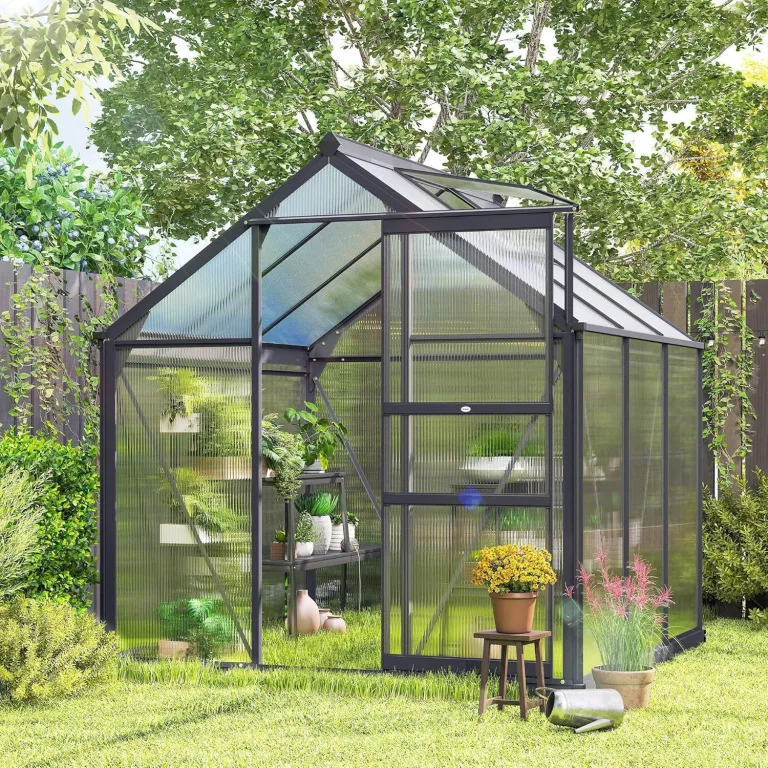 Outsunny Gewächshaus Aluminium 3,65m² 190x192x201cm mit Fundament Dachfenster Schiebetür 4 mm Platten, UV-beständig Treibhaus Aufzucht Tomatenhaus Pflanzenhaus Frühbeet für Garten Outdoor – Bild 8