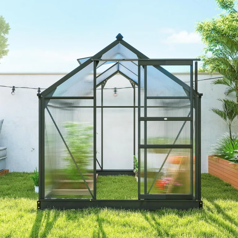 Outsunny Gewächshaus Aluminium 3,65m² 190x192x201cm mit Fundament Dachfenster Schiebetür 4 mm Platten, UV-beständig Treibhaus Aufzucht Tomatenhaus Pflanzenhaus Frühbeet für Garten Outdoor – Bild 9