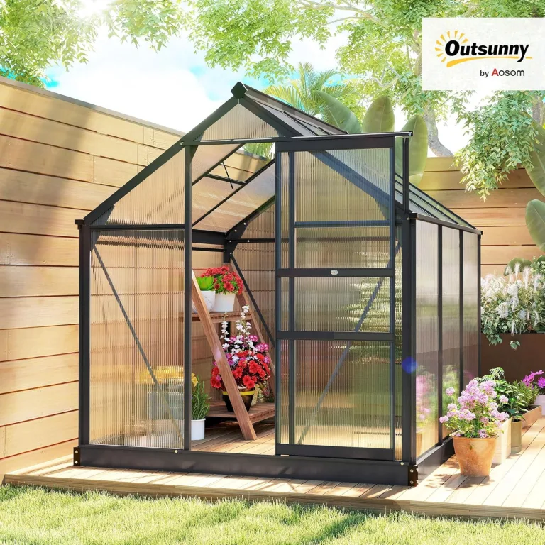 Outsunny Gewächshaus Aluminium 3,65m² 190x192x201cm mit Fundament Dachfenster Schiebetür 4 mm Platten, UV-beständig Treibhaus Aufzucht Tomatenhaus Pflanzenhaus Frühbeet für Garten Outdoor – Bild 2