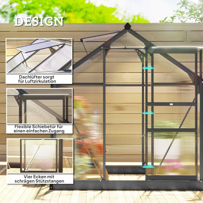 Outsunny Gewächshaus Aluminium 3,65m² 190x192x201cm mit Fundament Dachfenster Schiebetür 4 mm Platten, UV-beständig Treibhaus Aufzucht Tomatenhaus Pflanzenhaus Frühbeet für Garten Outdoor – Bild 3