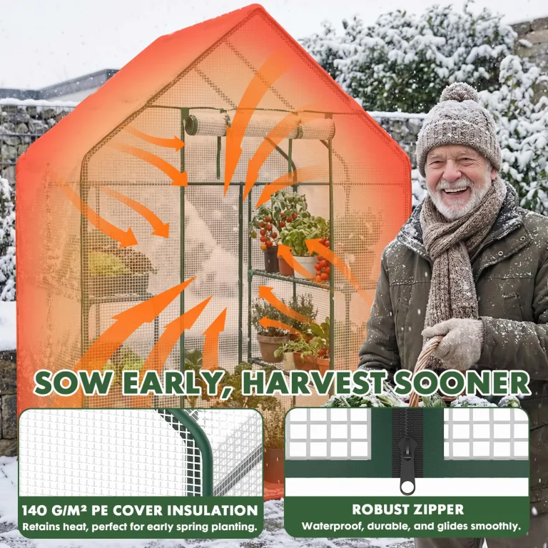 Gewächshaus Balkon Garten, 3-Etagen Foliengewächshaus 143x73x195 cm, Winterfestes Tomatengewächshaus Stabil, Platzsparendes Überwinterungszelt mit Reißverschlusstür, Wind- & Wetterfest, Weiß – Bild 4