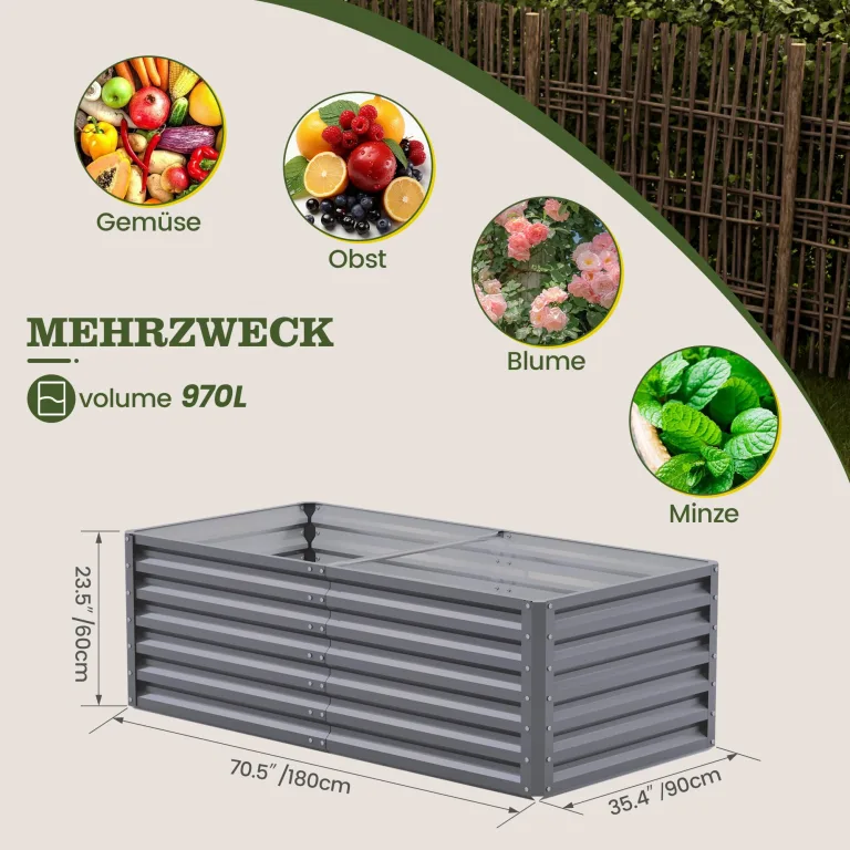 Amopatio Hochbeet Metall, Pflanzbeet Hochbeete für Garten, 180x90x60 cm, Hochbeete-kit 970 L für Gemüse Blumen Sukkulenten Kräuter, Blumenbeet & Pflanzentrog, Verzinkter Stahl, Grau – Bild 2