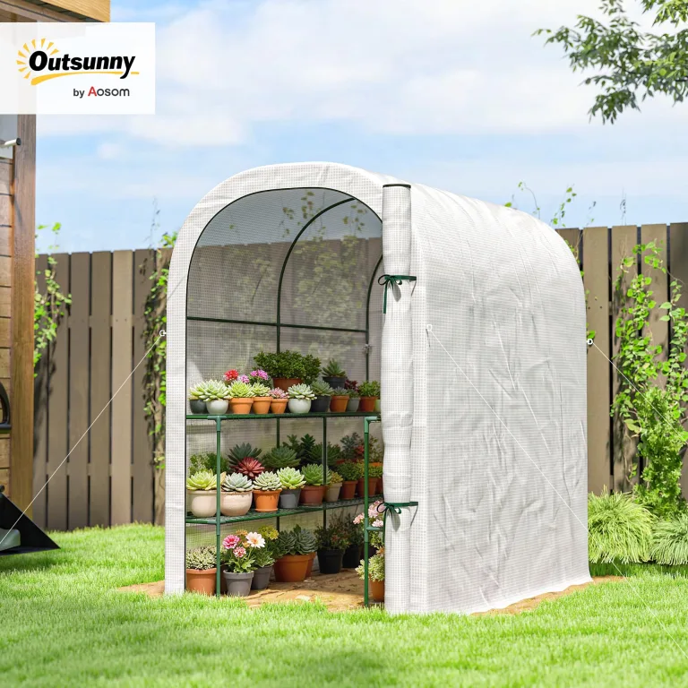 Outsunny begehbares Gewächshaus mit Regalen, kleines Gewächshaus mit Rolltür, Gartenpflanzen-Gewächshaus mit PE-Abdeckung, 123 x 187 x 189 cm, weiß – Bild 2