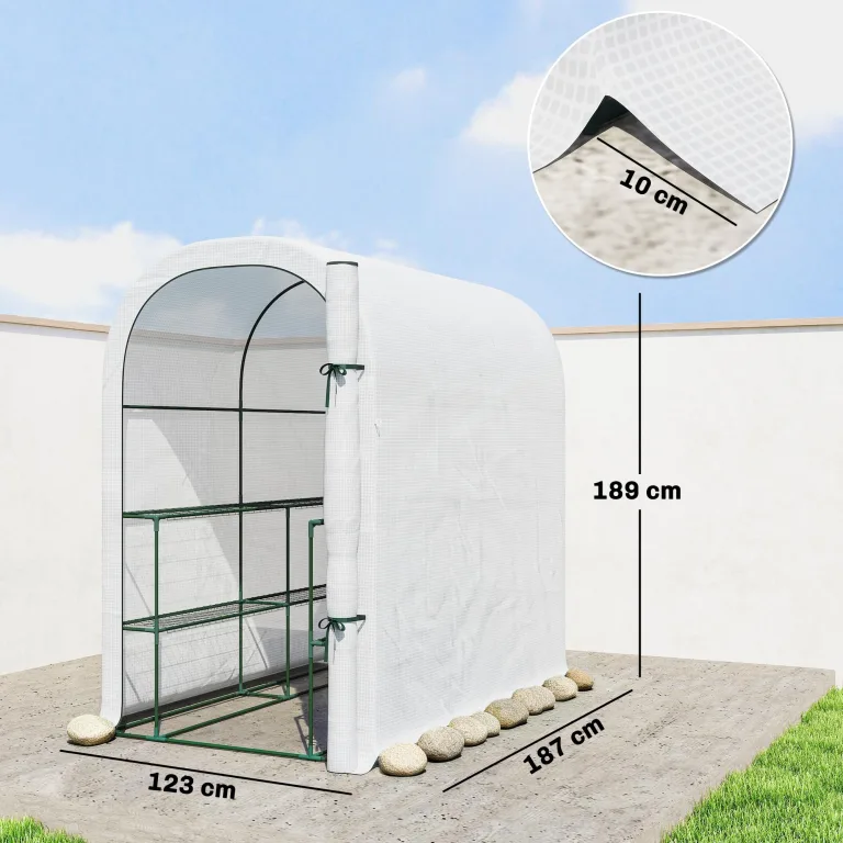 Outsunny begehbares Gewächshaus mit Regalen, kleines Gewächshaus mit Rolltür, Gartenpflanzen-Gewächshaus mit PE-Abdeckung, 123 x 187 x 189 cm, weiß – Bild 7