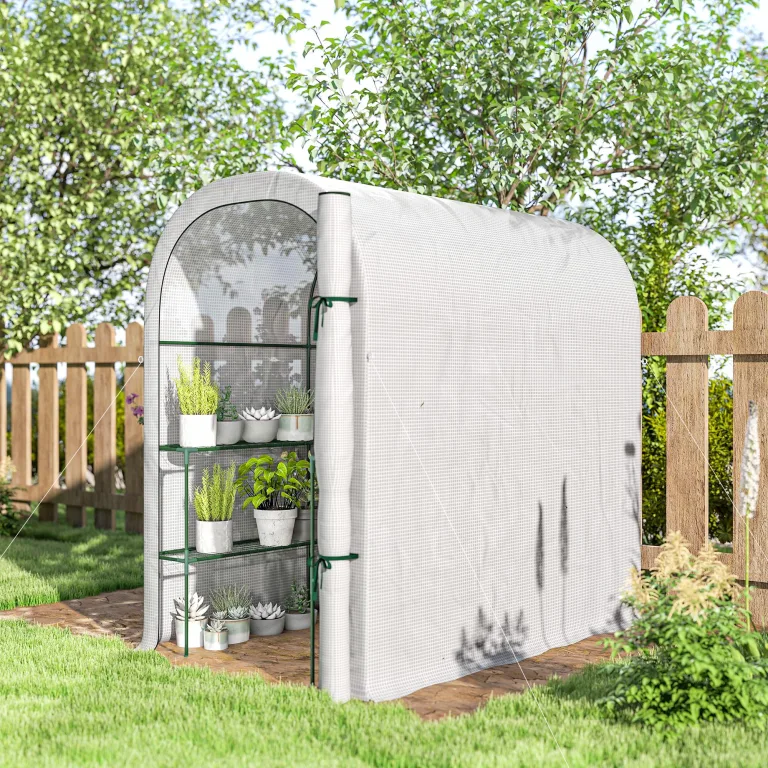 Outsunny begehbares Gewächshaus mit Regalen, kleines Gewächshaus mit Rolltür, Gartenpflanzen-Gewächshaus mit PE-Abdeckung, 123 x 187 x 189 cm, weiß – Bild 8