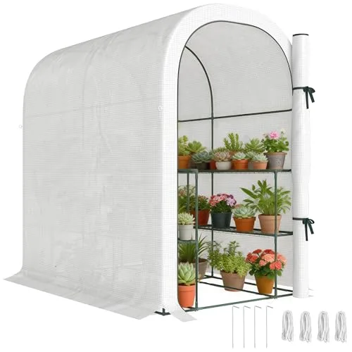 Outsunny begehbares Gewächshaus mit Regalen, kleines Gewächshaus mit Rolltür, Gartenpflanzen-Gewächshaus mit PE-Abdeckung, 123 x 187 x 189 cm, weiß – Bild 10