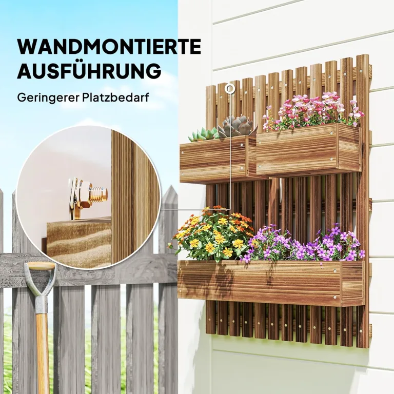 Outsunny Hochbeet Massivholz, Pflanzbeet Frühbeet Gartenbeet mit verstellbarem Blumenkasten, Wand, Pflanzkasten Pflanzkübel 60x16x80cm für Terrasse, Balkon, Gartenspalier für Blumen, Pflanzen Verkohlt – Bild 4