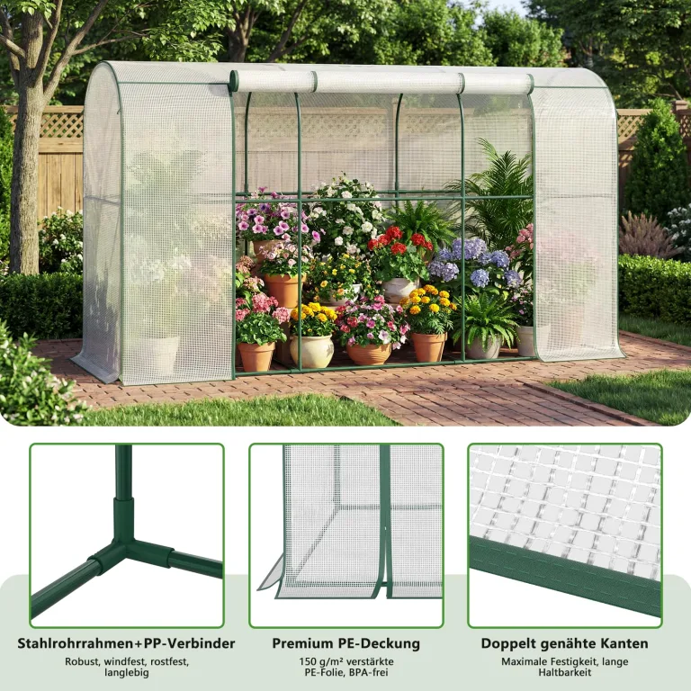 SUNYRISY Tomaten Gewächshaus Klein Foliengewächshaus 300x100x170 cm, Tomatenhaus Tomatenzelt mit Tomatendach, Greenhouse mit Rollentür und Windschutzseil für Balkon Outdoor, Bogen Weiß – Bild 4