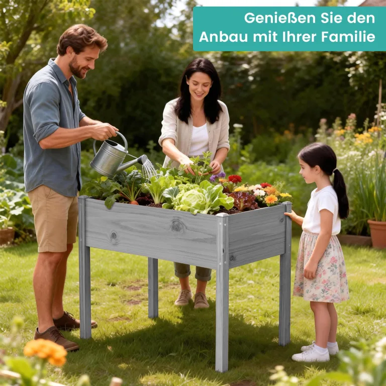 SUNYRISY Hochbeet Holz für Balkon und Garten, 116x60x80cm Pflanzkasten Blumenkasten Kräuterbeet Tannenholz Pflanzbeet Blumenbeet Hochbeet-Kit für Garten Balkon Terrasse, Grau – Bild 3
