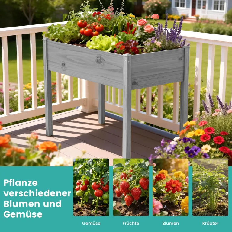 SUNYRISY Hochbeet Holz für Balkon und Garten, 116x60x80cm Pflanzkasten Blumenkasten Kräuterbeet Tannenholz Pflanzbeet Blumenbeet Hochbeet-Kit für Garten Balkon Terrasse, Grau – Bild 7