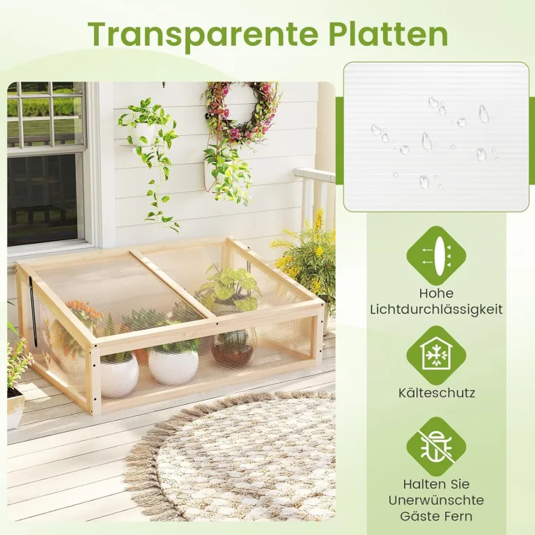 COSTWAY Frühbeet Gewächshaus, mini Treibhaus, Frühbeetaufsatz, Hochbeet Abdeckung, Frühbeetkasten Aufsatz für Garten, Terrasse & Balkon, 94 x 63 x 40 cm (Natur) – Bild 5