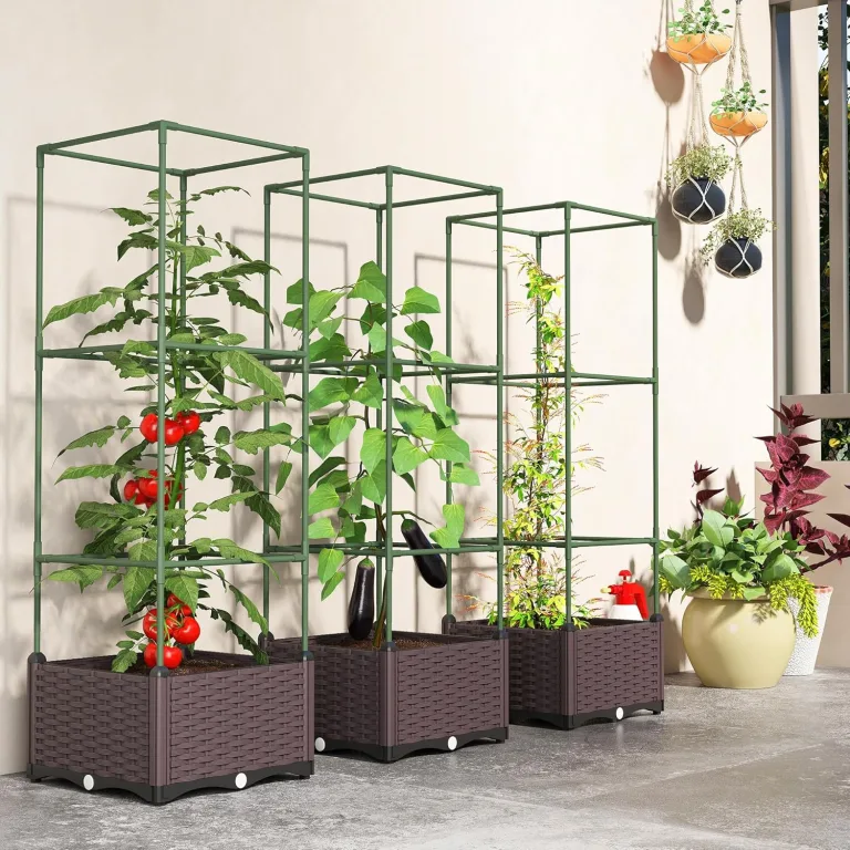 Outsunny Hochbeet mit Rankgitter 3er Set Pflanzkasten Blumenkasten mit Abflusslöchern Blumenbeet Pflanzkübel Blumenkübel Rankkasten für Kletterpflanzen Garten, Balkon, 40 x 40 x 125 cm – Bild 8