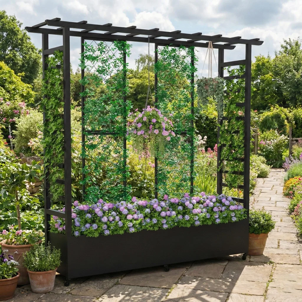 Hochbeet mit Rankgitter und Hängedach, wetterfester Metall-Pflanzkasten mit 4 Rollen und 2 seitlichen Rankgittern für Kletterpflanzen, mobiler Sichtschutz für Terrasse, Balkon und Garten