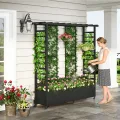 Hochbeet mit Rankgitter und Hängedach, wetterfester Metall-Pflanzkasten mit 4 Rollen und 2 seitlichen Rankgittern für Kletterpflanzen, mobiler Sichtschutz für Terrasse, Balkon und Garten - Thumbnail 8
