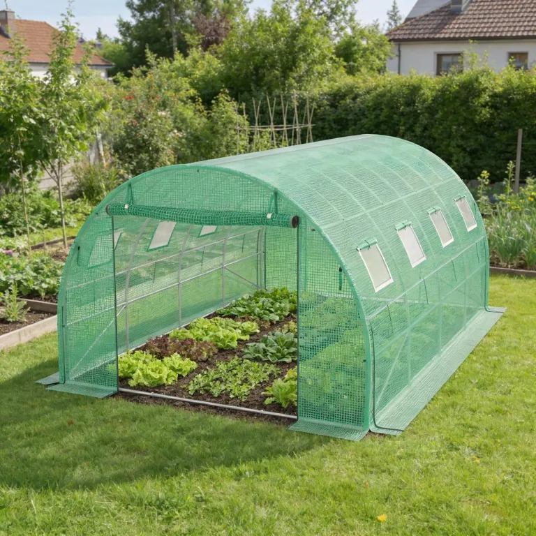 UISEBRT Gewächshaus Foliengewächshaus mit 2 Tür,8 Aufrollbare Fenster mit Moskitonetz,Folientunnel Tomatenhaus aus verzinktem Stahl, PE, Folienzelt inkl. Erdanker & Seilen,400x300x200cm – Bild 8