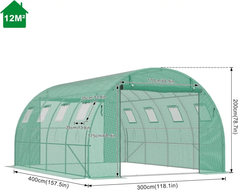 UISEBRT Gewächshaus Foliengewächshaus mit 2 Tür,8 Aufrollbare Fenster mit Moskitonetz,Folientunnel Tomatenhaus aus verzinktem Stahl, PE, Folienzelt inkl. Erdanker & Seilen,400x300x200cm – Bild 2