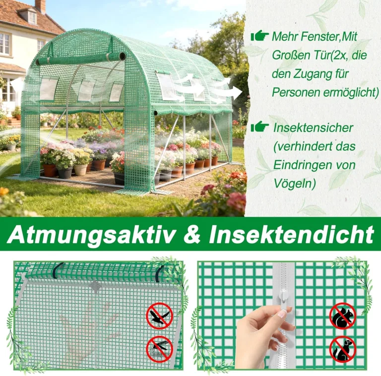 Gewächshaus 6x3x2m, Foliengewächshaus mit verzinktem Stahlrahmen, 140g/m² PE-Gitterfolie, 12 Fenster und 2 Reißverschlusstüren, Winterfest Folientunnel für Tomatenhaus Tomatengewächshaus – Bild 5