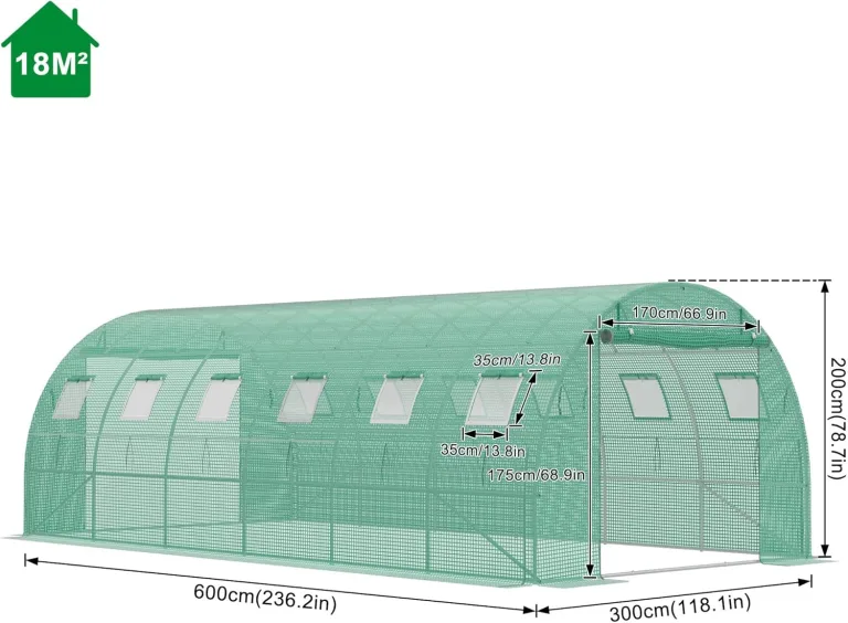 Gewächshaus 6x3x2m, Foliengewächshaus mit verzinktem Stahlrahmen, 140g/m² PE-Gitterfolie, 12 Fenster und 2 Reißverschlusstüren, Winterfest Folientunnel für Tomatenhaus Tomatengewächshaus – Bild 2