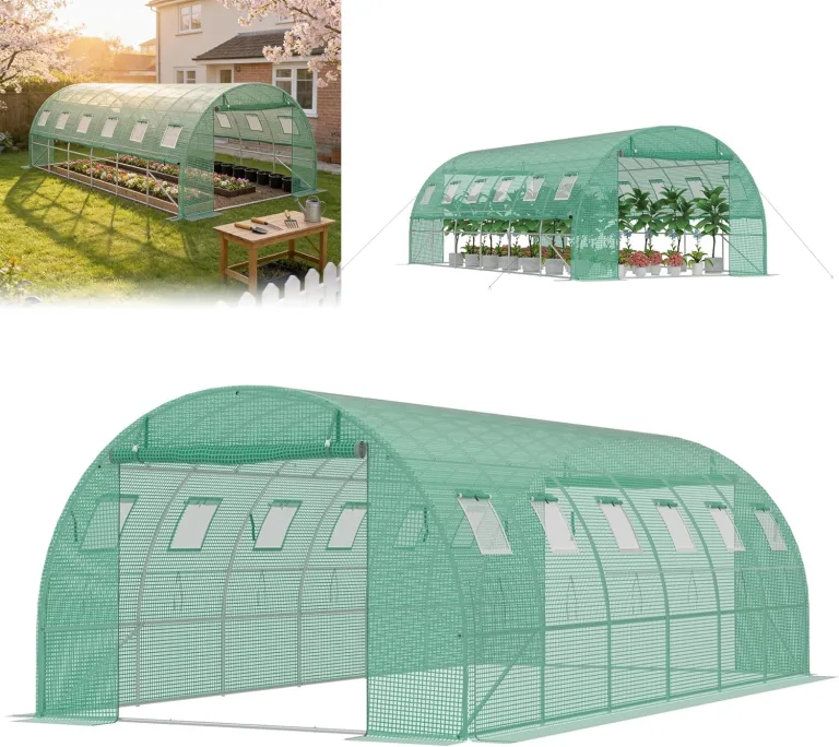 Gewächshaus 6x3x2m, Foliengewächshaus mit verzinktem Stahlrahmen, 140g/m² PE-Gitterfolie, 12 Fenster und 2 Reißverschlusstüren, Winterfest Folientunnel für Tomatenhaus Tomatengewächshaus – Bild 1