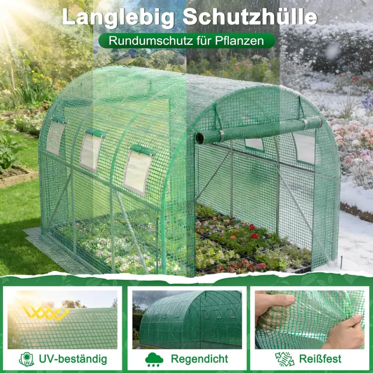 Gewächshaus 4x3x2m, Foliengewächshaus mit verzinktem Stahlrahmen, 140g/m² PE-Gitterfolie, 8 Fenster und 2 Reißverschlusstüren, Winterfest Folientunnel für Tomatenhaus Tomatengewächshaus – Bild 3