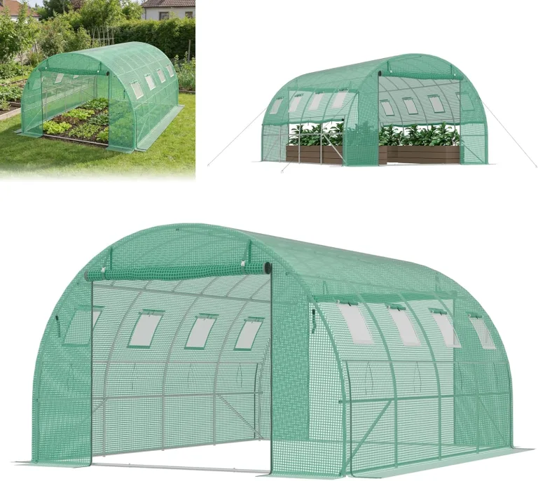 Gewächshaus 4x3x2m, Foliengewächshaus mit verzinktem Stahlrahmen, 140g/m² PE-Gitterfolie, 8 Fenster und 2 Reißverschlusstüren, Winterfest Folientunnel für Tomatenhaus Tomatengewächshaus – Bild 1