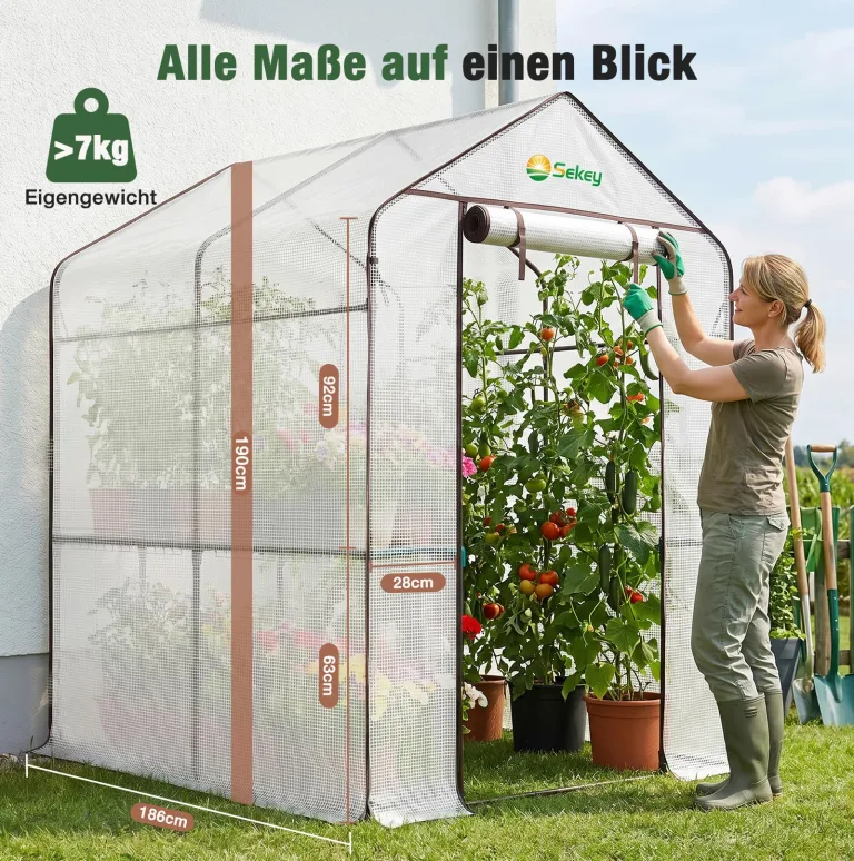 Sekey Gewächshaus mit DIY-Zusatzregal, 190x186x120cm Begehbares Tomatenhaus Winterfest & Stabil, Foliengewächshaus für Tomaten, Pflanzen & Kräuter, UV-beständige Gitterfolie, Werkzeuglose Montage – Bild 5