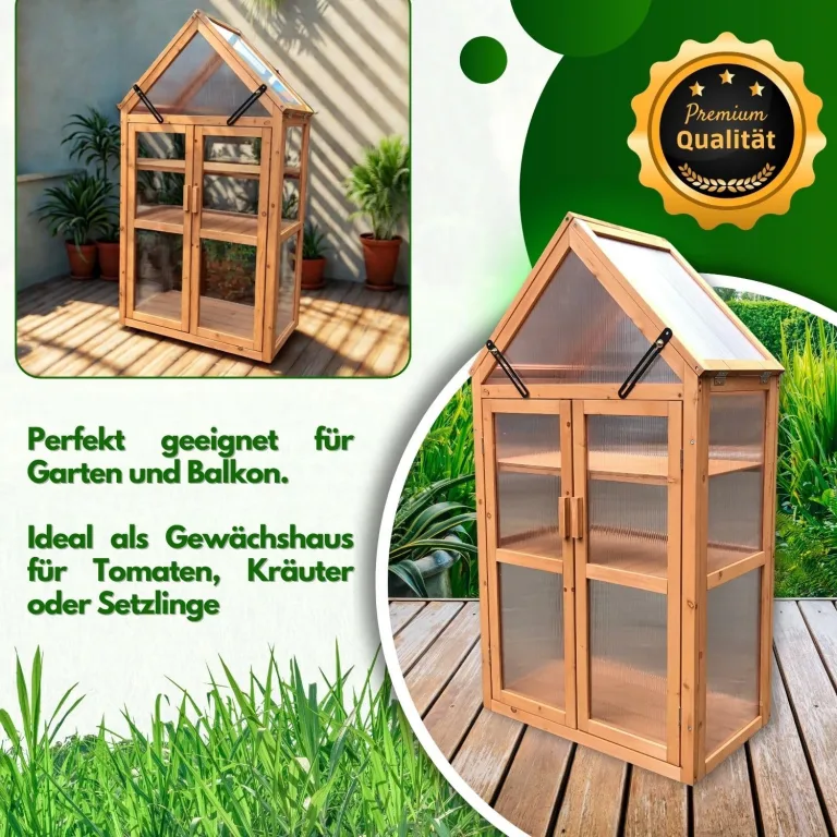 Coemo Holz-Gewächshaus Jan – Stilvolles Design, 65x40x120 cm, Farbe Braun, Aufklappbare Türen und Dach, Winterschutz Gewächshaus -Wetterfestes Pflanzenhaus für Kräuter, Tomaten & Setzlinge – Bild 4