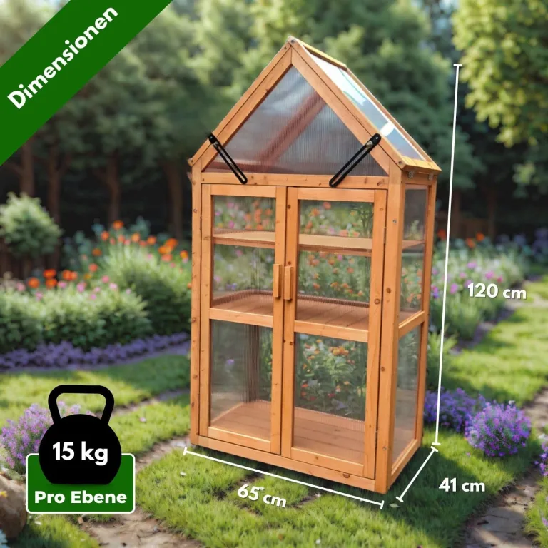 Coemo Holz-Gewächshaus Jan – Stilvolles Design, 65x40x120 cm, Farbe Braun, Aufklappbare Türen und Dach, Winterschutz Gewächshaus -Wetterfestes Pflanzenhaus für Kräuter, Tomaten & Setzlinge – Bild 5