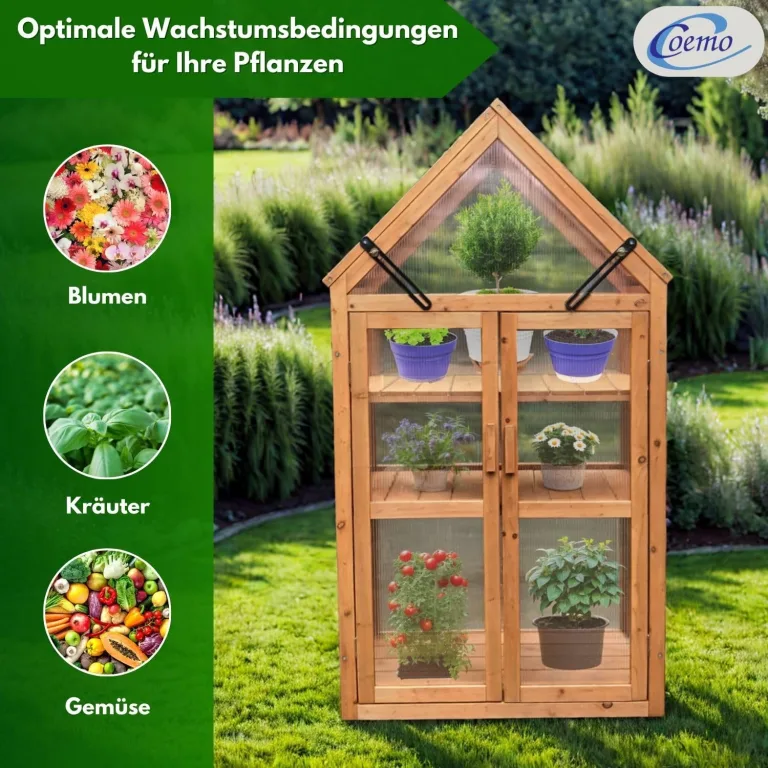 Coemo Holz-Gewächshaus Jan – Stilvolles Design, 65x40x120 cm, Farbe Braun, Aufklappbare Türen und Dach, Winterschutz Gewächshaus -Wetterfestes Pflanzenhaus für Kräuter, Tomaten & Setzlinge – Bild 6