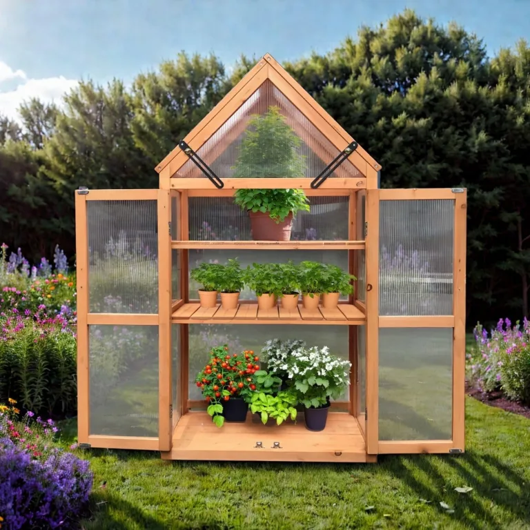 Coemo Holz-Gewächshaus Jan – Stilvolles Design, 65x40x120 cm, Farbe Braun, Aufklappbare Türen und Dach, Winterschutz Gewächshaus -Wetterfestes Pflanzenhaus für Kräuter, Tomaten & Setzlinge – Bild 7