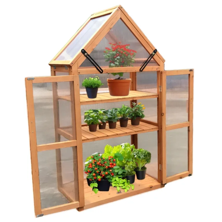Coemo Holz-Gewächshaus Jan – Stilvolles Design, 65x40x120 cm, Farbe Braun, Aufklappbare Türen und Dach, Winterschutz Gewächshaus -Wetterfestes Pflanzenhaus für Kräuter, Tomaten & Setzlinge – Bild 1