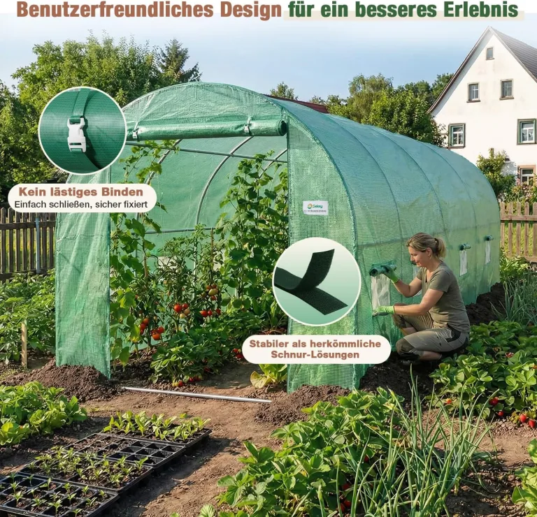 Sekey Gewächshaus Winterfest Foliengewächshaus verzinkt 4x2x2m - 8m² Folientunnel Stabil mit 2m Stehhöhe, Treibhaus, Tomatenhaus inkl. 2 Türen & 8 Fenster & Profi-Fixierungs-Set, 140g/m² PE-Folie – Bild 6