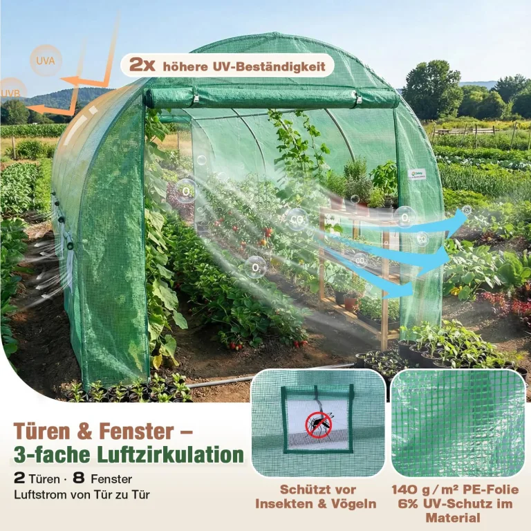 Sekey Gewächshaus Winterfest Foliengewächshaus verzinkt 4x2x2m - 8m² Folientunnel Stabil mit 2m Stehhöhe, Treibhaus, Tomatenhaus inkl. 2 Türen & 8 Fenster & Profi-Fixierungs-Set, 140g/m² PE-Folie – Bild 7