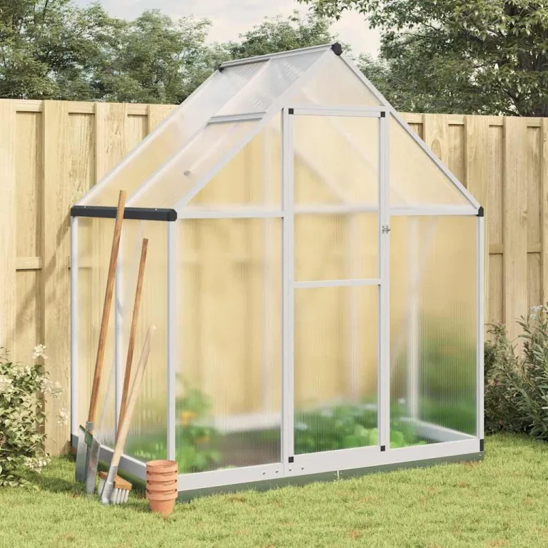 Gewächshaus mit Fundamentrahmen Silbern 169x114x202 cm Alu Gartengewächshäuser, Tomatenhaus Treibhaus für Garten, Aufzucht, Terrasse, Außende – Bild 1