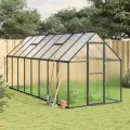 Gewächshaus mit Fundamentrahmen Anthrazit 445x169x195 cm Alu Gartengewächshäuser, Tomatenhaus Treibhaus für Garten, Aufzucht, Terrasse, Außende - Thumbnail 2