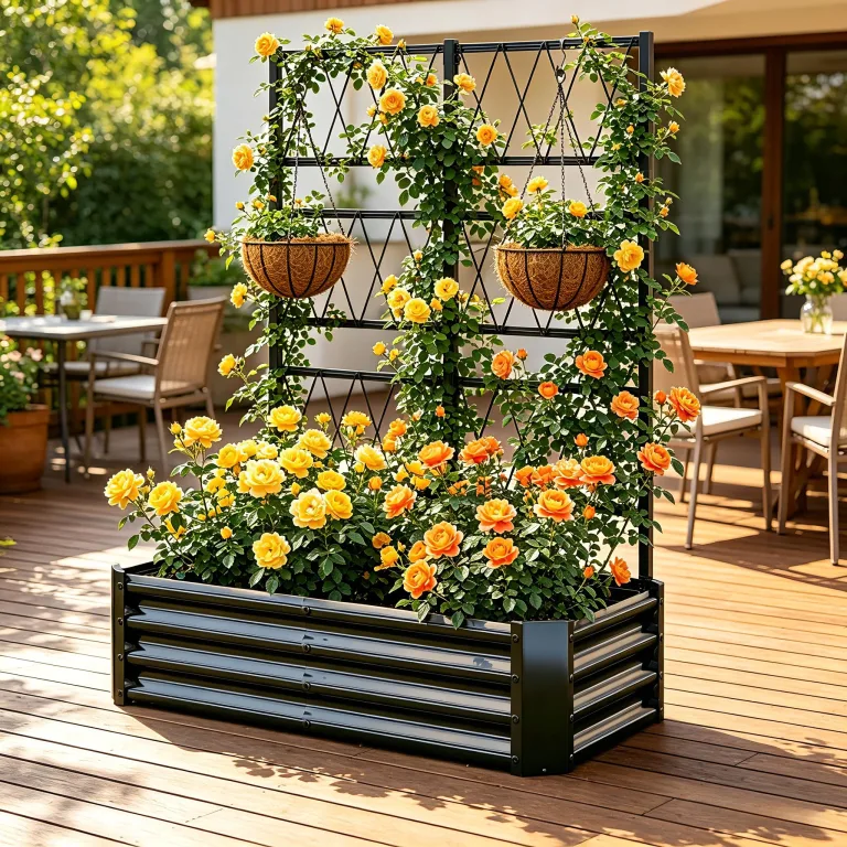 Hochbeet mit Rankgitter, Metall-Pflanzkasten mit Rankgitter, robuster Pflanzkasten für Kletterpflanzen, Gemüse, Tomaten & Blumen,als Sichtschutz für Balkon & Terrasse,121 x 61 x 151 cm,Schwarz – Bild 3