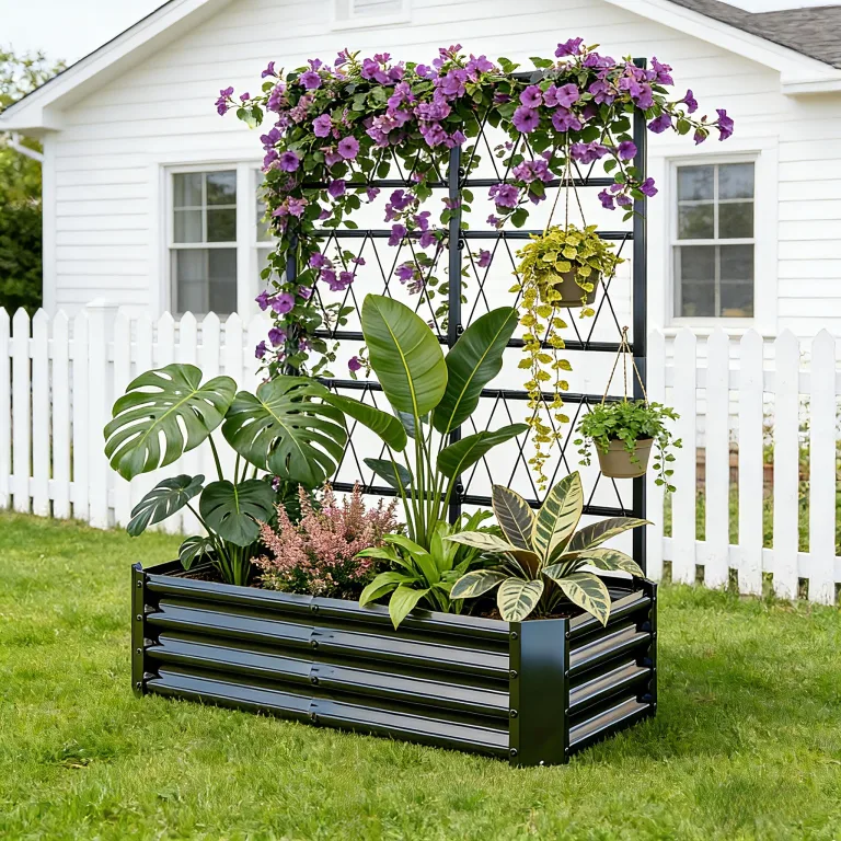 Hochbeet mit Rankgitter, Metall-Pflanzkasten mit Rankgitter, robuster Pflanzkasten für Kletterpflanzen, Gemüse, Tomaten & Blumen,als Sichtschutz für Balkon & Terrasse,121 x 61 x 151 cm,Schwarz – Bild 7