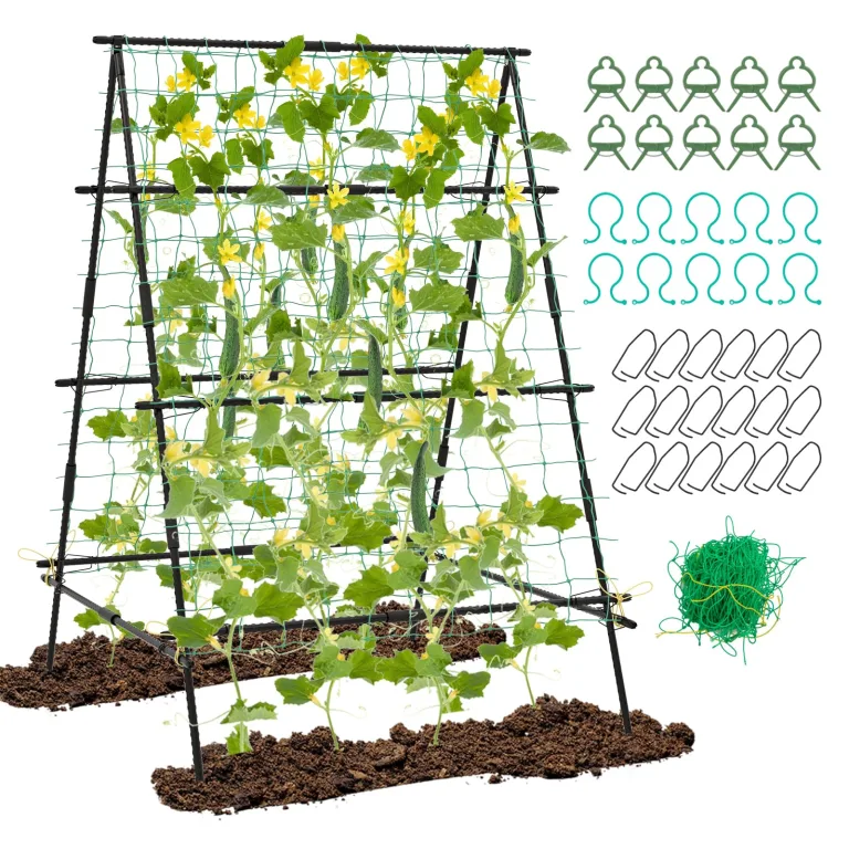 COSTWAY Gurke Rankhilfe Set, A-förmig, Rankgitter mit Gartennetz & Clips, Pflanzenhalter Metall, Pflanzenstütze für Kletterpflanzen Blumen Gemüse, Pflanzenspalier, 80 x 93 x 190 cm, Schwarz – Bild 10