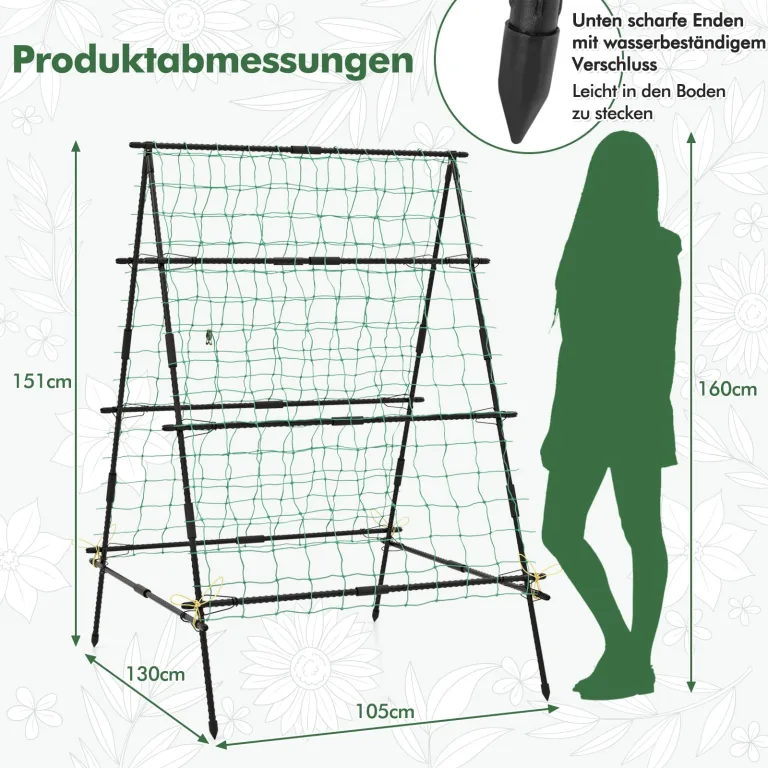 COSTWAY Gurke Rankhilfe Set, A-förmig, Pflanzenhalter mit Gartennetz & Pflanzenclips, Rankgitter Metall, Pflanzenstütze für Kletterpflanzen Blumen Nutzpflanzen, 130 x 105 x 151 cm, Schwarz – Bild 2