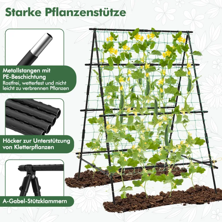 COSTWAY Gurke Rankhilfe Set, A-förmig, Pflanzenhalter mit Gartennetz & Pflanzenclips, Rankgitter Metall, Pflanzenstütze für Kletterpflanzen Blumen Nutzpflanzen, 130 x 105 x 151 cm, Schwarz – Bild 3