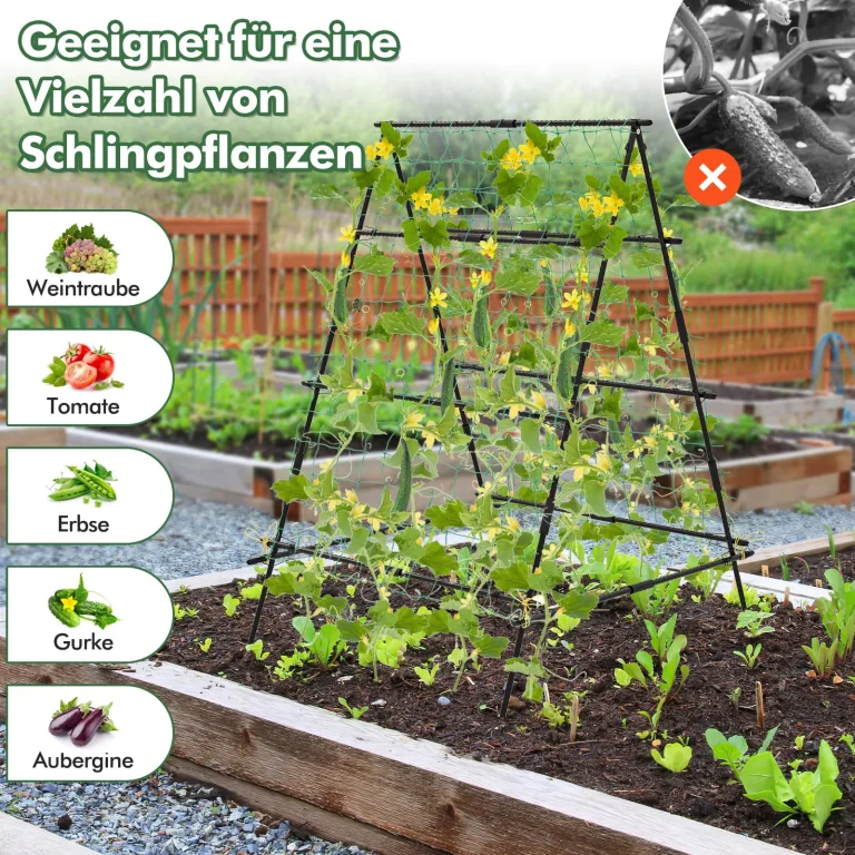 COSTWAY Gurke Rankhilfe Set, A-förmig, Pflanzenhalter mit Gartennetz & Pflanzenclips, Rankgitter Metall, Pflanzenstütze für Kletterpflanzen Blumen Nutzpflanzen, 130 x 105 x 151 cm, Schwarz – Bild 4