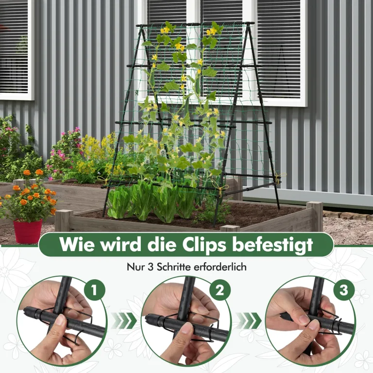 COSTWAY Gurke Rankhilfe Set, A-förmig, Pflanzenhalter mit Gartennetz & Pflanzenclips, Rankgitter Metall, Pflanzenstütze für Kletterpflanzen Blumen Nutzpflanzen, 130 x 105 x 151 cm, Schwarz – Bild 5