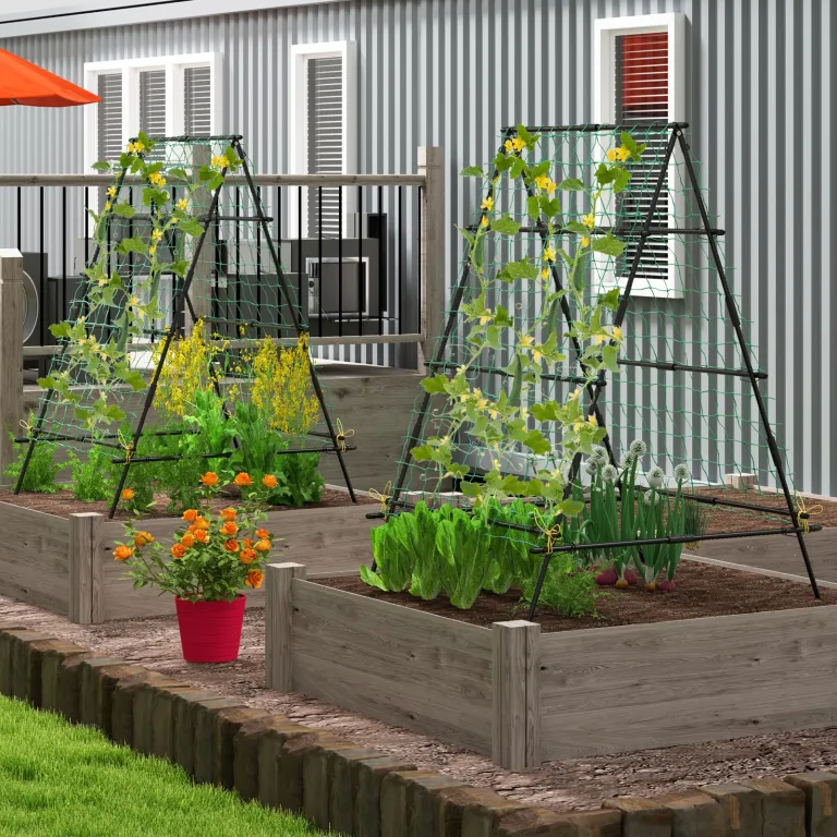 COSTWAY Gurke Rankhilfe Set, A-förmig, Pflanzenhalter mit Gartennetz & Pflanzenclips, Rankgitter Metall, Pflanzenstütze für Kletterpflanzen Blumen Nutzpflanzen, 130 x 105 x 151 cm, Schwarz – Bild 9