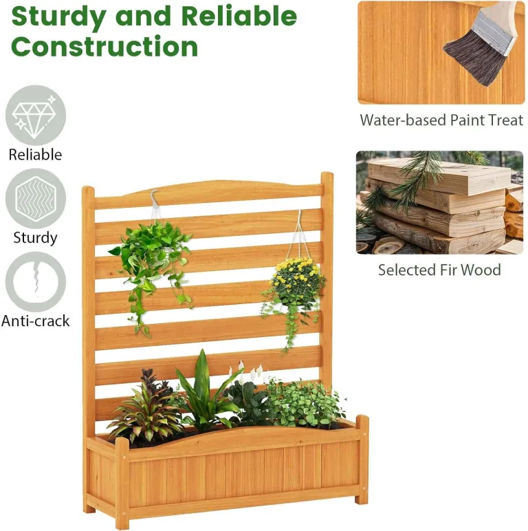 HOMASIS 2 Blumenkästen mit Gartenzaun, Holz Pflanzkasten mit Sichtschutz, Hochbeet mit Spalier & Abluflöchern, DIY modulare Pflanzkübel mit Gartenspalier für Garten Balkon Terrasse (2 Zäune) – Bild 4