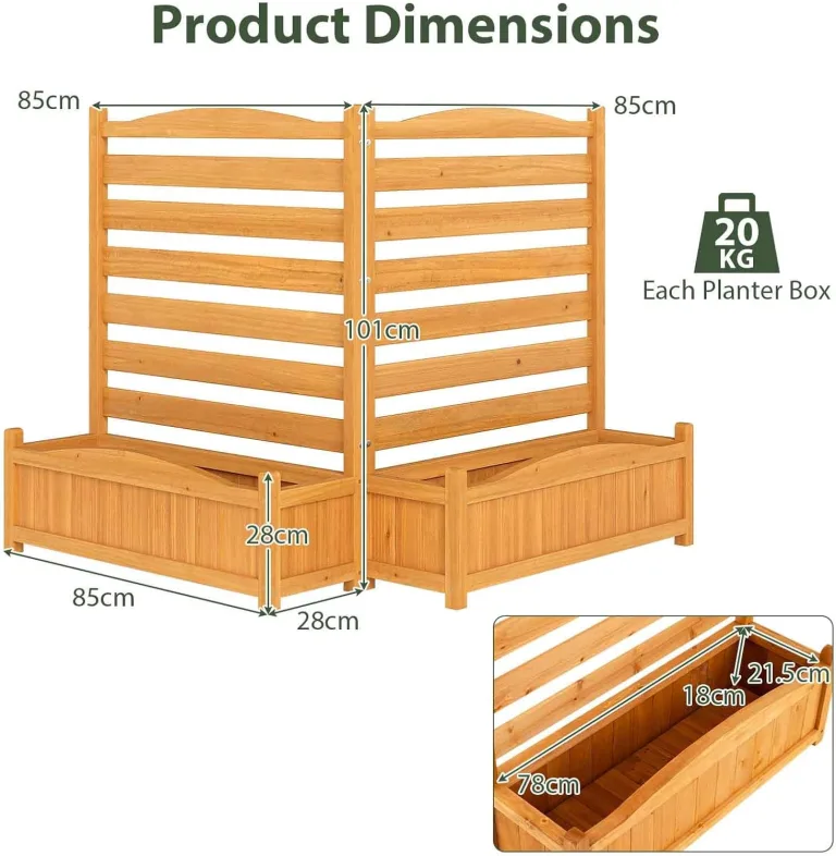 HOMASIS 2 Blumenkästen mit Gartenzaun, Holz Pflanzkasten mit Sichtschutz, Hochbeet mit Spalier & Abluflöchern, DIY modulare Pflanzkübel mit Gartenspalier für Garten Balkon Terrasse (2 Zäune) – Bild 7